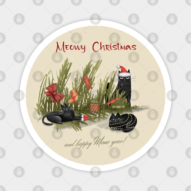 Merry Christmas - Black cats with Santa hat. Magnet by Olena Tyshchenko